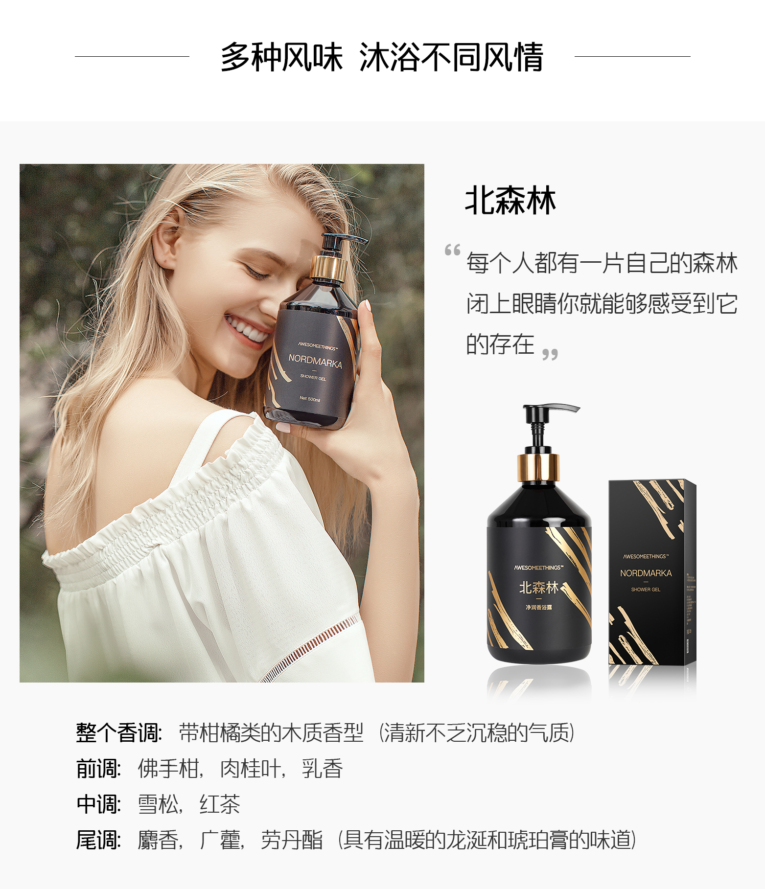 AWESOMEETHINGS凈潤香浴露，產品北森林香調介紹